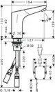 Hansgrohe Waschtischmischer mit elektronischer Steuerung, integriertem Temperaturregler und Netzanschluss. Technische Zeichnung mit Maßangaben für Installation.